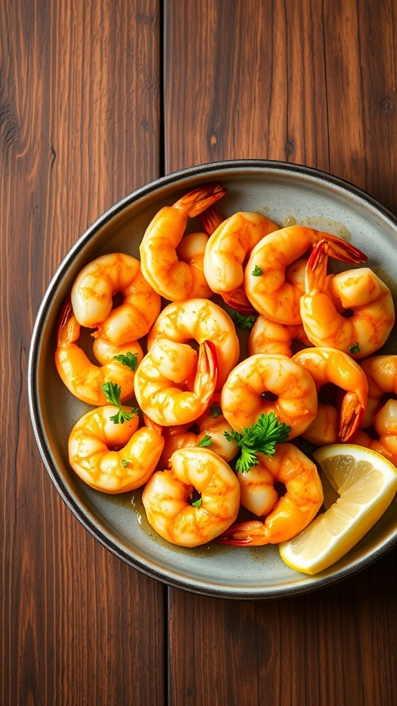Flavorful Air Fryer Shrimp Marinade Recipe Air fryer shrimp garnished with parsley and lemon wedges on a rustic wooden table.